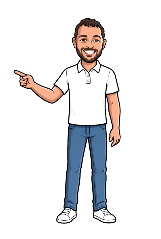 Informatik Pete, eine mit KI erzeugte Comicfigur, zeigt zum Wegweiser